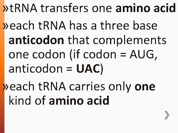 » t. RNA transfers one amino acid » each t. RNA has a three