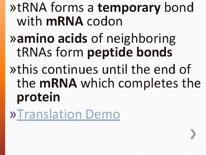 » t. RNA forms a temporary bond with m. RNA codon » amino acids