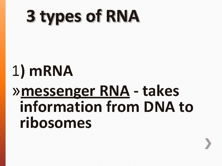 3 types of RNA 1) m. RNA » messenger RNA - takes information from