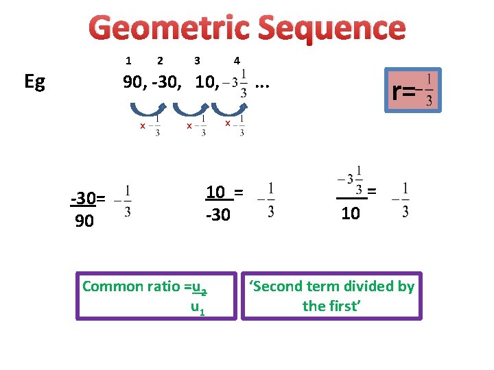 Geometric Sequence 1 Eg 2 3 4 90, -30, 10, x -30= 90 .