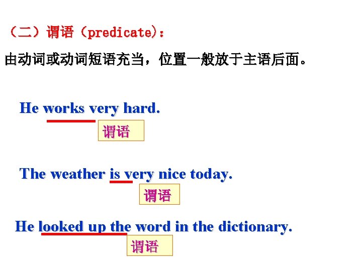 （二）谓语（predicate)： 由动词或动词短语充当，位置一般放于主语后面。 He works very hard. 谓语 The weather is very nice today. 谓语