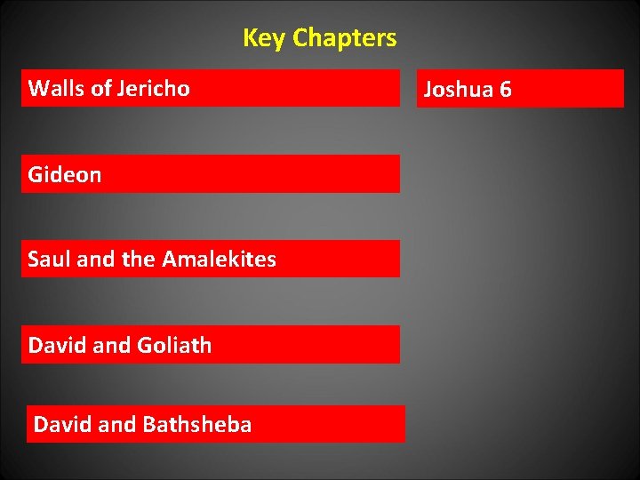 Key Chapters Walls of Jericho Gideon Saul and the Amalekites David and Goliath David