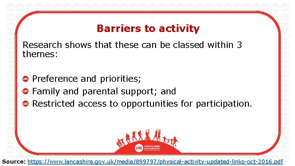 Barriers to activity Research shows that these can be classed within 3 themes: Preference