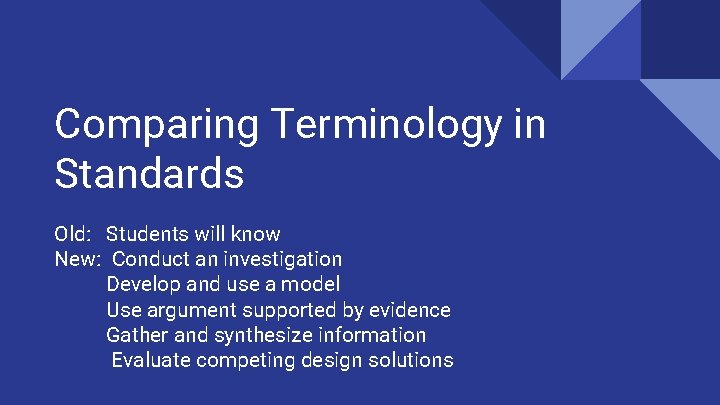 Comparing Terminology in Standards Old: Students will know New: Conduct an investigation Develop and
