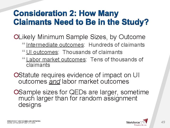 ¡Likely Minimum Sample Sizes, by Outcome } Intermediate outcomes: Hundreds of claimants } UI