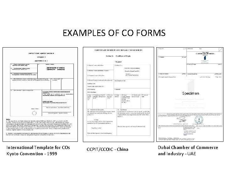 EXAMPLES OF CO FORMS International Template for COs Kyoto Convention - 1999 CCPIT/CCOIC -