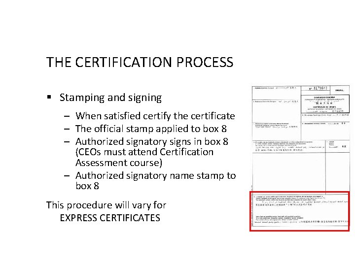 THE CERTIFICATION PROCESS § Stamping and signing – When satisfied certify the certificate –