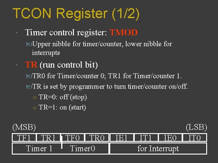 TCON Register (1/2) Timer control register: TMOD Upper nibble for timer/counter, lower nibble for