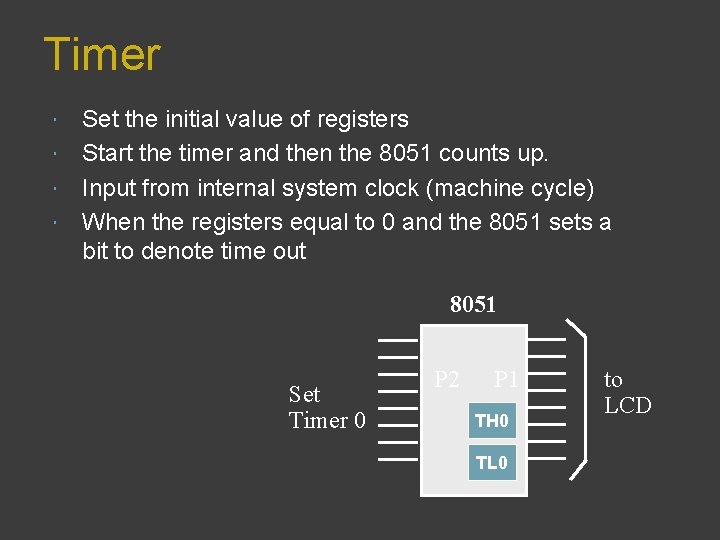 Timer Set the initial value of registers Start the timer and then the 8051