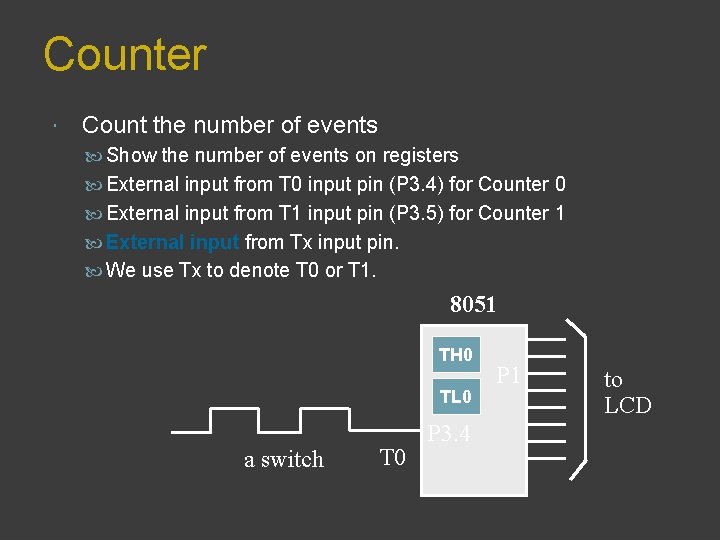 Counter Count the number of events Show the number of events on registers External