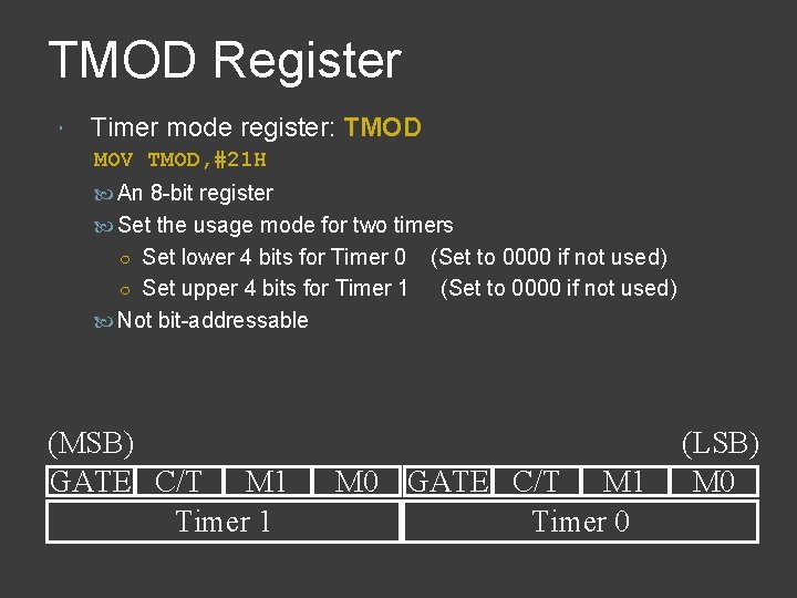 TMOD Register Timer mode register: TMOD MOV TMOD, #21 H An 8 -bit register