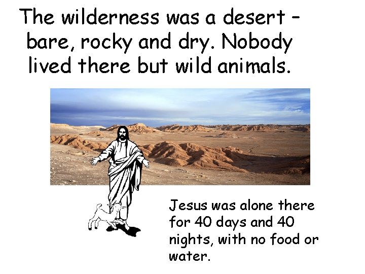 The wilderness was a desert – bare, rocky and dry. Nobody lived there but