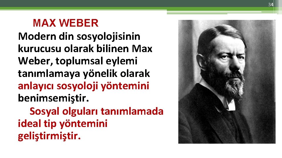 34 MAX WEBER Modern din sosyolojisinin kurucusu olarak bilinen Max Weber, toplumsal eylemi tanımlamaya