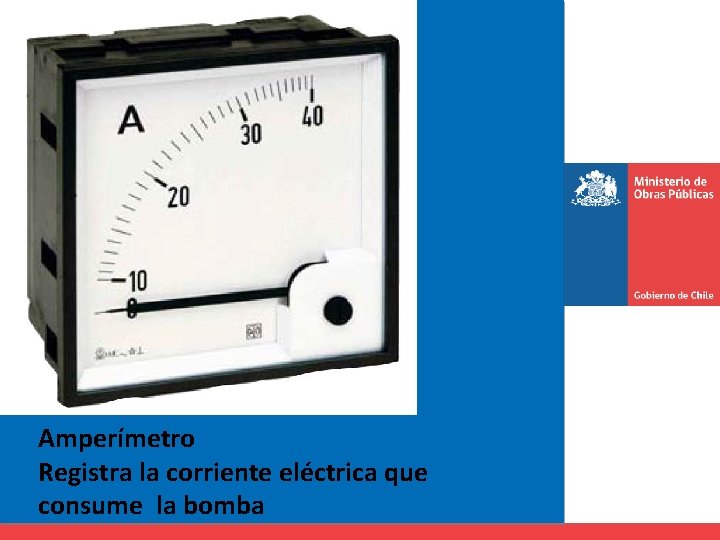 Amperímetro Registra la corriente eléctrica que consume la bomba 