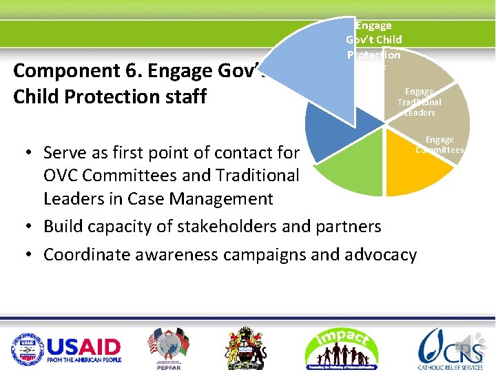 Component 6. Engage Gov’t Child Protection staff Organi Engage Traditional Leaders Engage Committees •