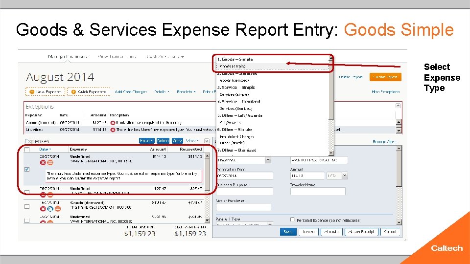 Goods & Services Expense Report Entry: Goods Simple Select Expense Type 