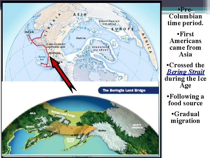  • Pre. Columbian time period. • First Americans came from Asia • Crossed