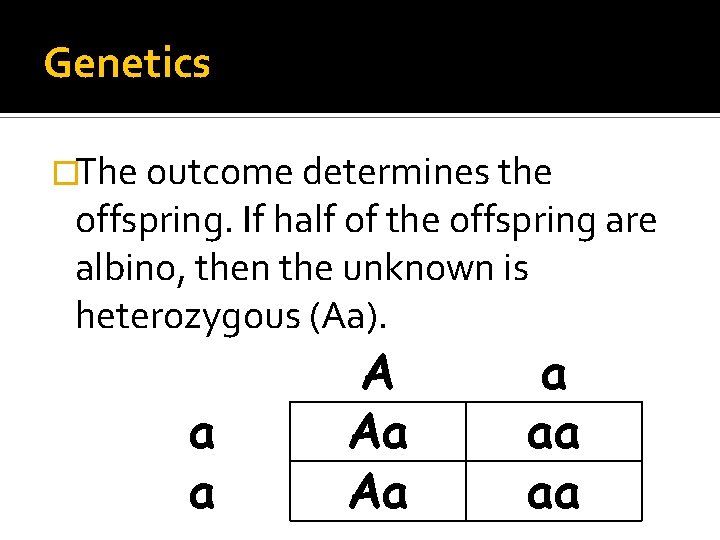 Heterozygous = Aa, or a. A Genetics �The outcome determines the offspring. If half