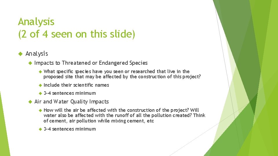 Analysis (2 of 4 seen on this slide) Analysis Impacts to Threatened or Endangered