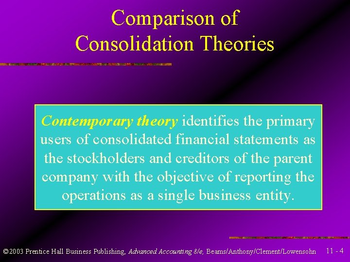 Comparison of Consolidation Theories Contemporary theory identifies the primary users of consolidated financial statements