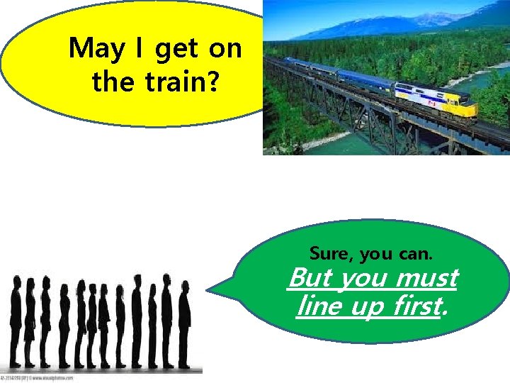 May I get on the train? Sure, you can. But you must line up May I get on the train? Sure, you can. But you must line up