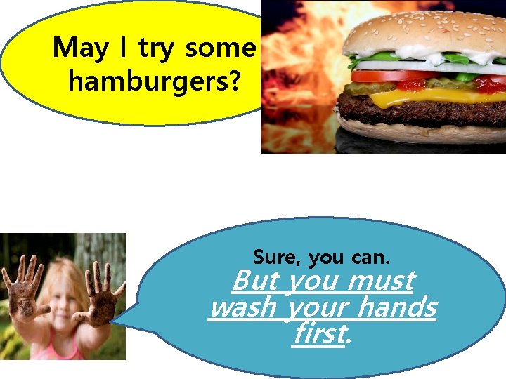 May I try some hamburgers? Sure, you can. But you must wash your hands May I try some hamburgers? Sure, you can. But you must wash your hands