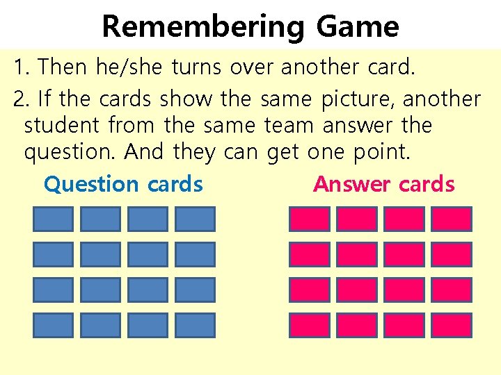 Remembering Game 1. Then he/she turns over another card. 2. If the cards show Remembering Game 1. Then he/she turns over another card. 2. If the cards show