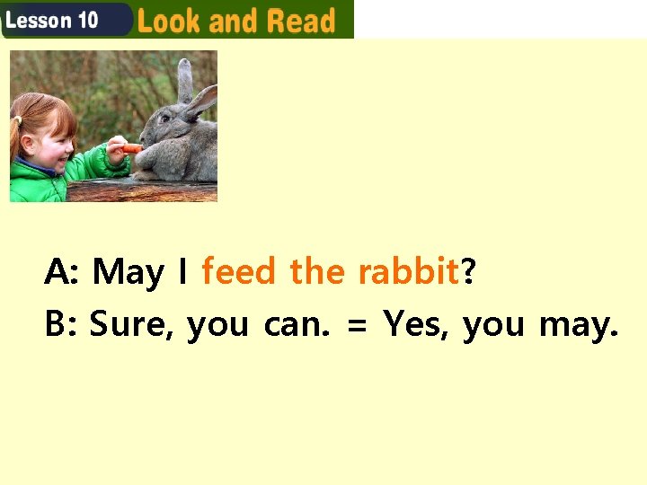 A: May I feed the rabbit? B: Sure, you can. = Yes, you may. A: May I feed the rabbit? B: Sure, you can. = Yes, you may.