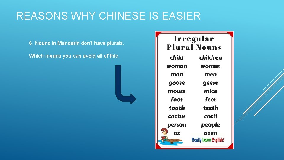 REASONS WHY CHINESE IS EASIER 6. Nouns in Mandarin don’t have plurals. Which means