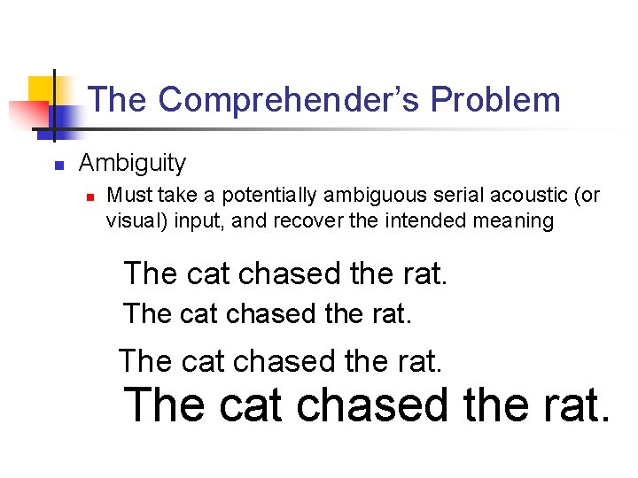 The Comprehender’s Problem n Ambiguity n Must take a potentially ambiguous serial acoustic (or