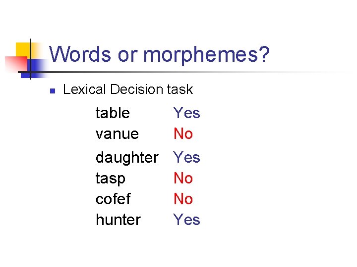 Words or morphemes? n Lexical Decision task table vanue daughter tasp cofef hunter Yes