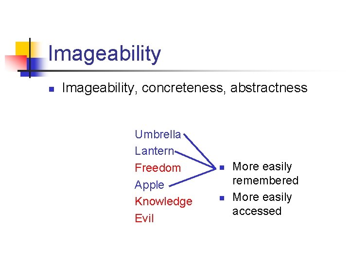 Imageability n Imageability, concreteness, abstractness Umbrella Lantern Freedom Apple Knowledge Evil n n More