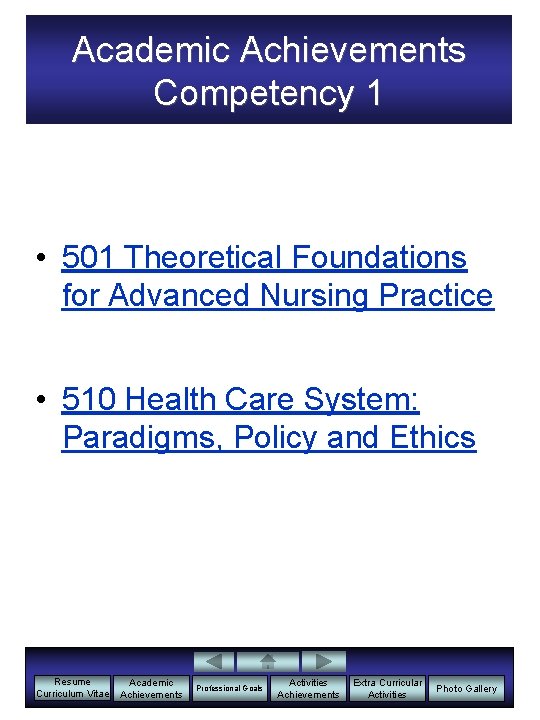Academic Achievements Competency 1 • 501 Theoretical Foundations for Advanced Nursing Practice • 510