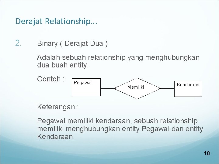 Derajat Relationship. . . 2. Binary ( Derajat Dua ) Adalah sebuah relationship yang
