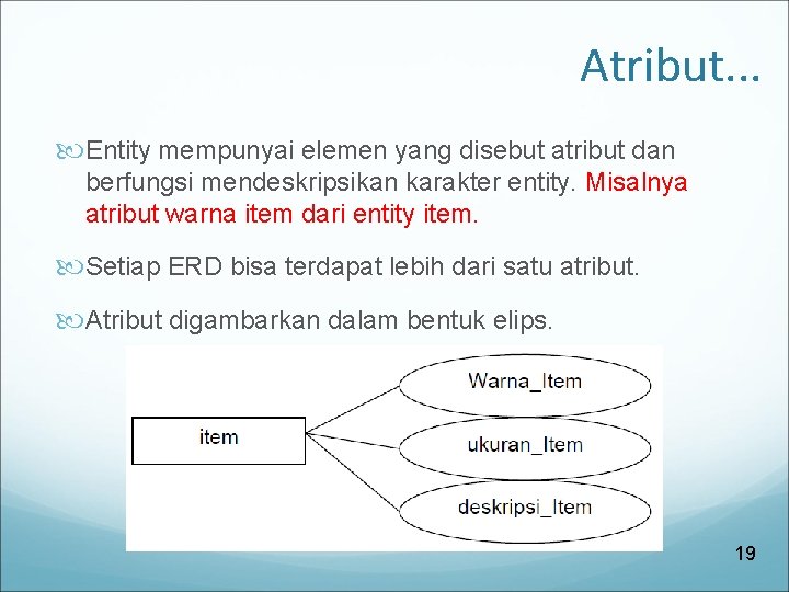 Atribut. . . Entity mempunyai elemen yang disebut atribut dan berfungsi mendeskripsikan karakter entity.