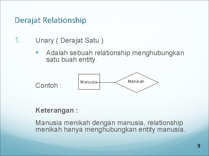 Derajat Relationship 1. Unary ( Derajat Satu ) § Adalah sebuah relationship menghubungkan satu