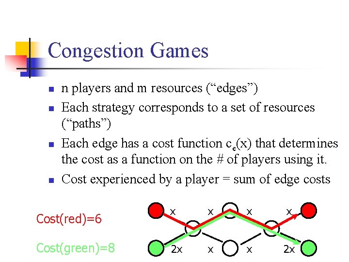 Congestion Games n n n players and m resources (“edges”) Each strategy corresponds to