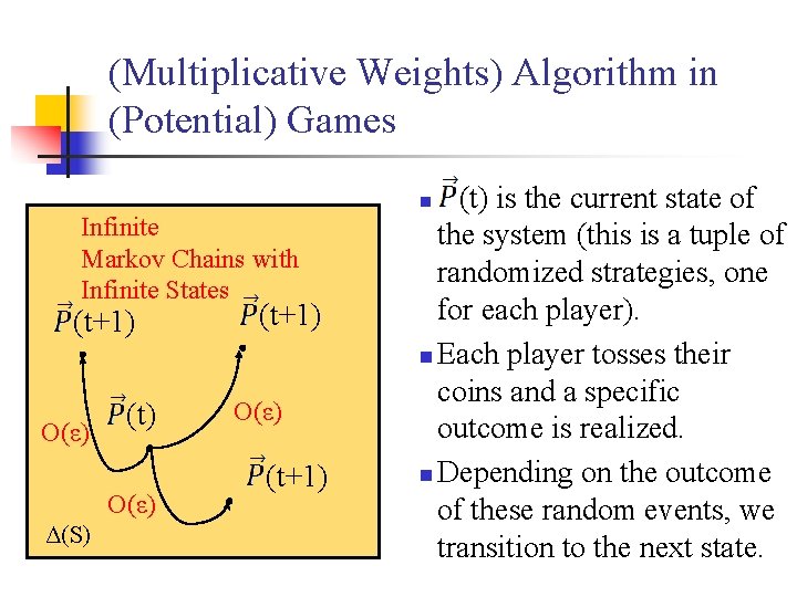 (Multiplicative Weights) Algorithm in (Potential) Games (t) is the current state of the system