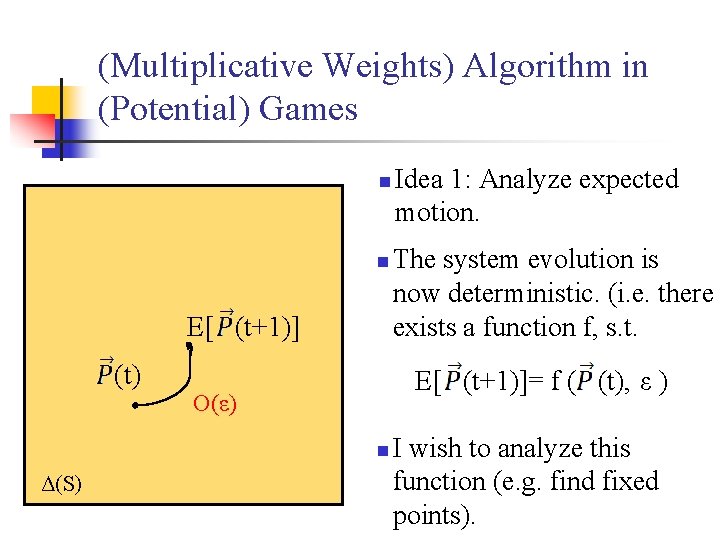 (Multiplicative Weights) Algorithm in (Potential) Games n n E[ (t+1)] (t) The system evolution