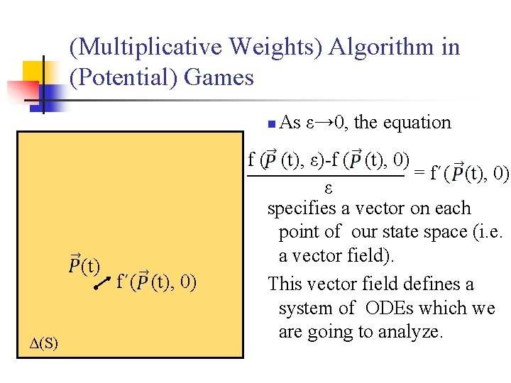 (Multiplicative Weights) Algorithm in (Potential) Games n (t) Δ(S) f´( (t), 0) As ε→