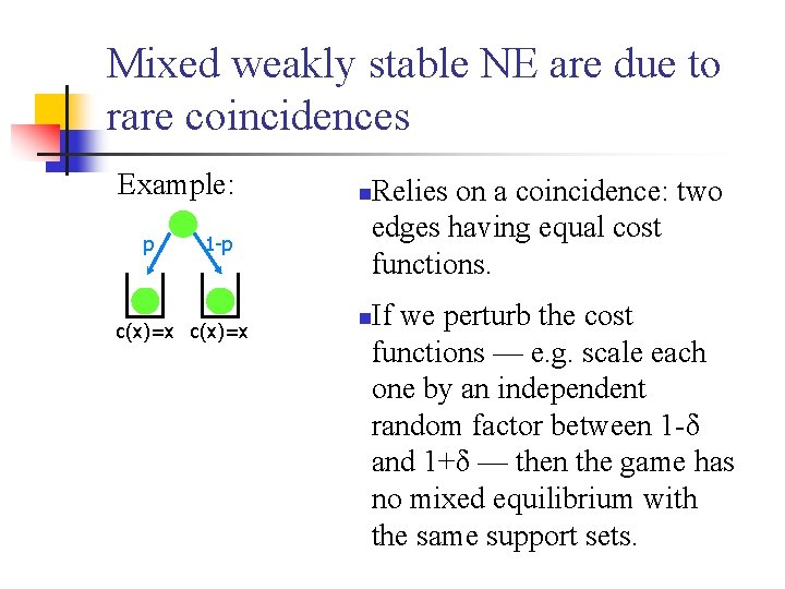 Mixed weakly stable NE are due to rare coincidences Example: p 1 -p c(x)=x