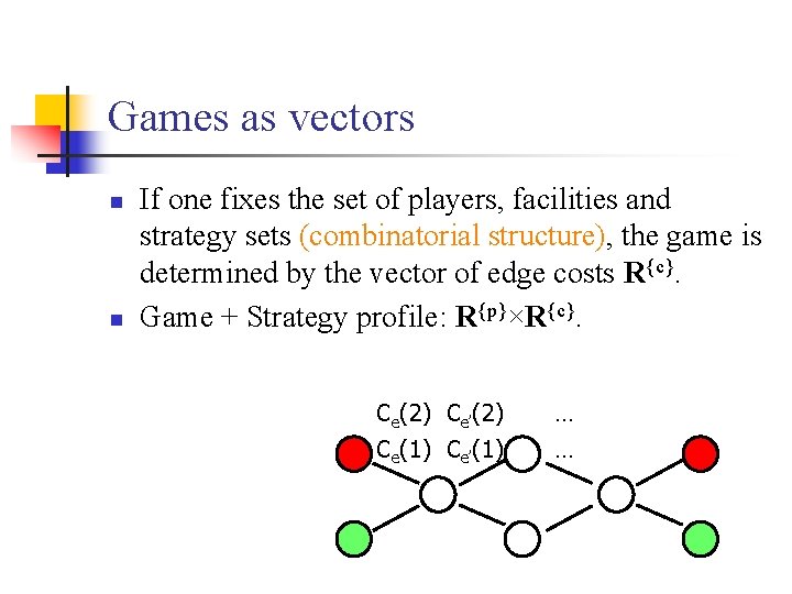Games as vectors n n If one fixes the set of players, facilities and