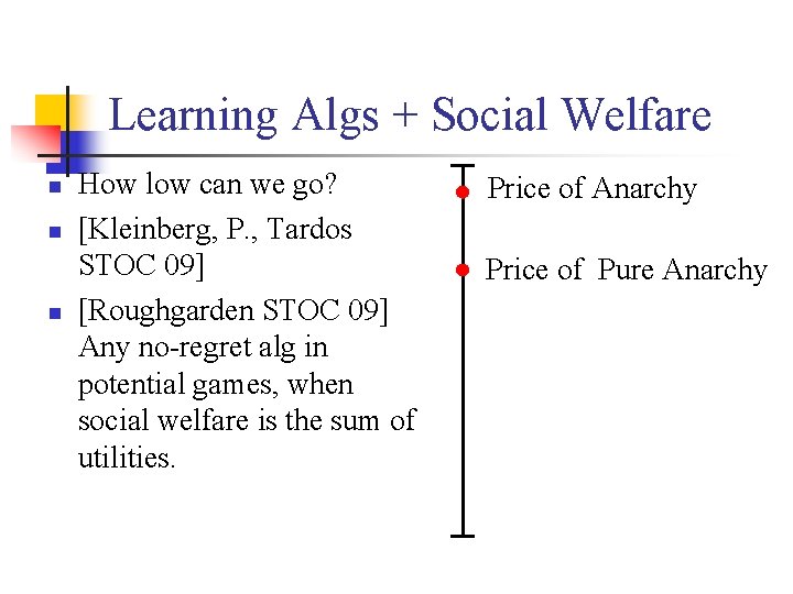 Learning Algs + Social Welfare n n n How low can we go? [Kleinberg,