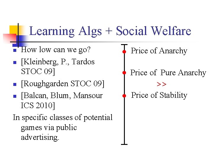 Learning Algs + Social Welfare How low can we go? n [Kleinberg, P. ,