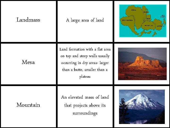 Landmass A large area of land Mesa Land formation with a flat area on