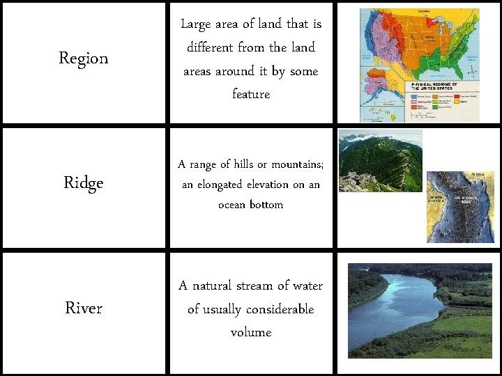 Region Large area of land that is different from the land areas around it
