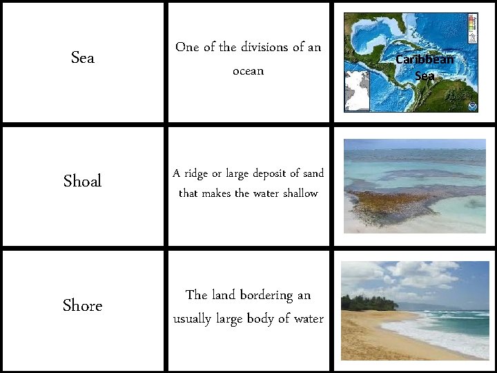 Sea One of the divisions of an ocean Shoal A ridge or large deposit