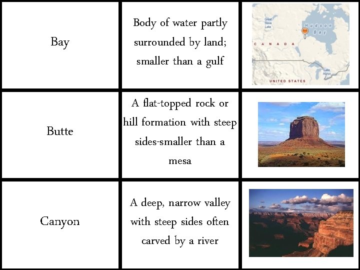 Bay Body of water partly surrounded by land; smaller than a gulf Butte A