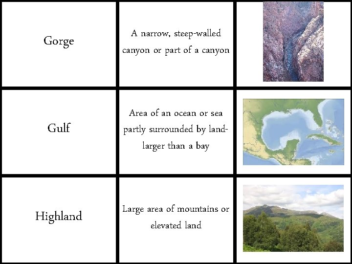 Gorge A narrow, steep-walled canyon or part of a canyon Gulf Area of an