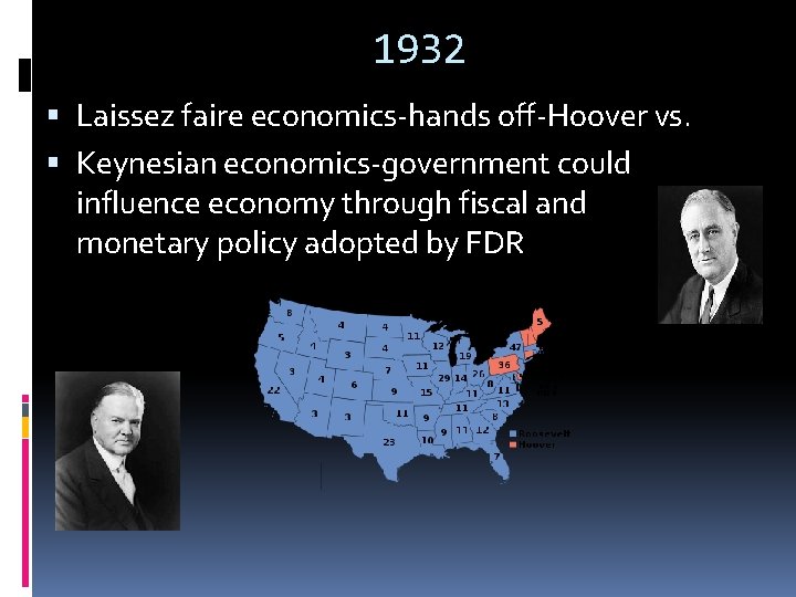 1932 Laissez faire economics-hands off-Hoover vs. Keynesian economics-government could influence economy through fiscal and